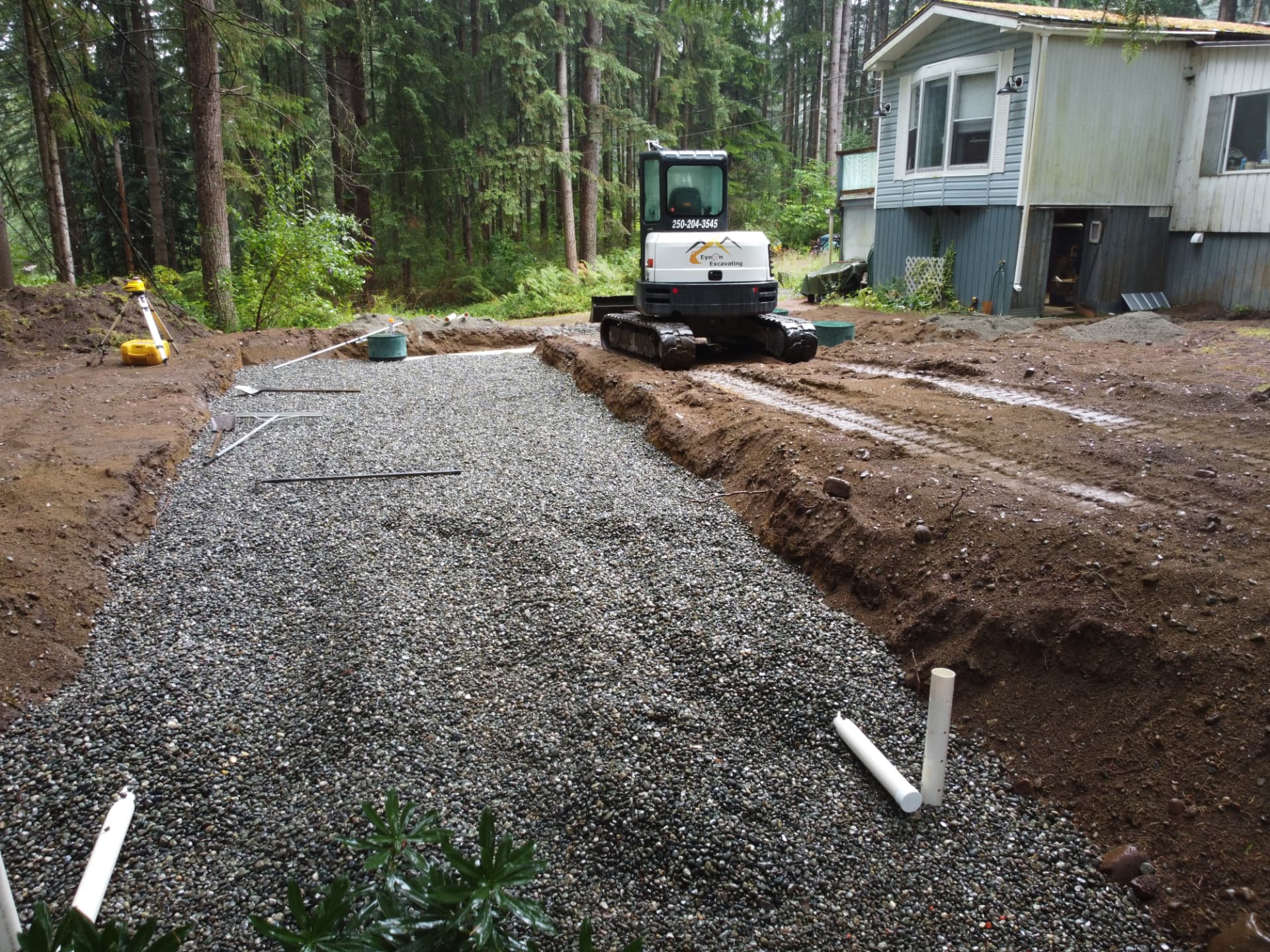 Gravel dispersal bed and trench during the Black Creek septic installation