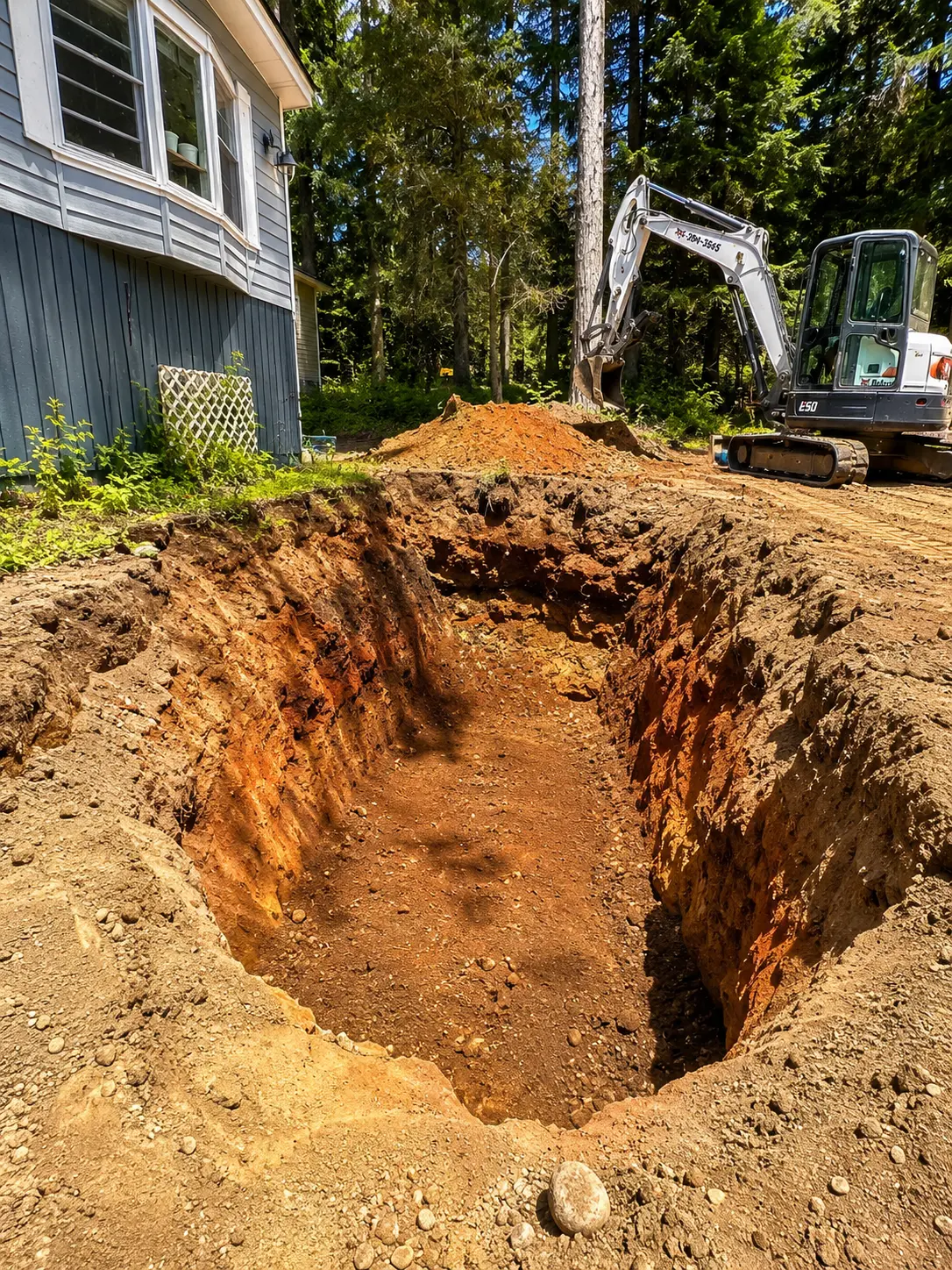 Excavation prepared for septic tank placement during the Black Creek installation
