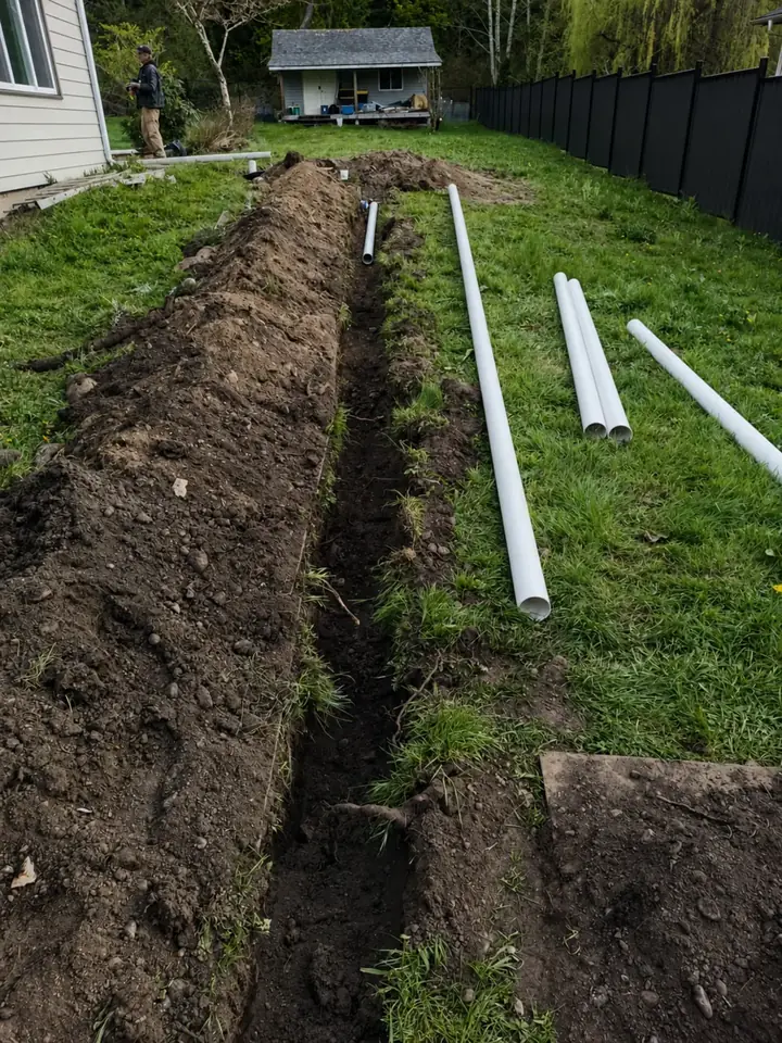 PVC pipe trench running from the house during septic work in Nanaimo