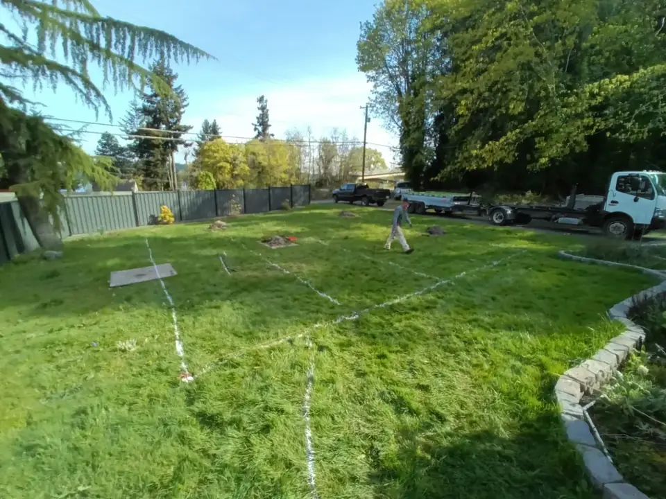 Nanaimo septic project site with the work area marked across the lawn
