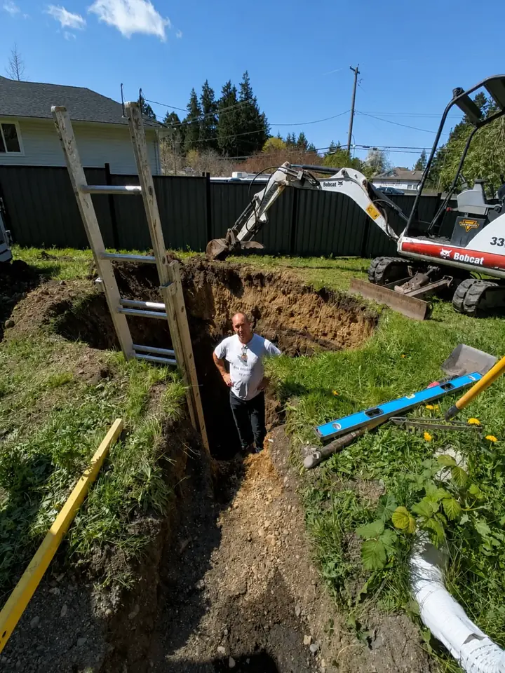 Worker standing in a septic excavation beside a Bobcat in Nanaimo