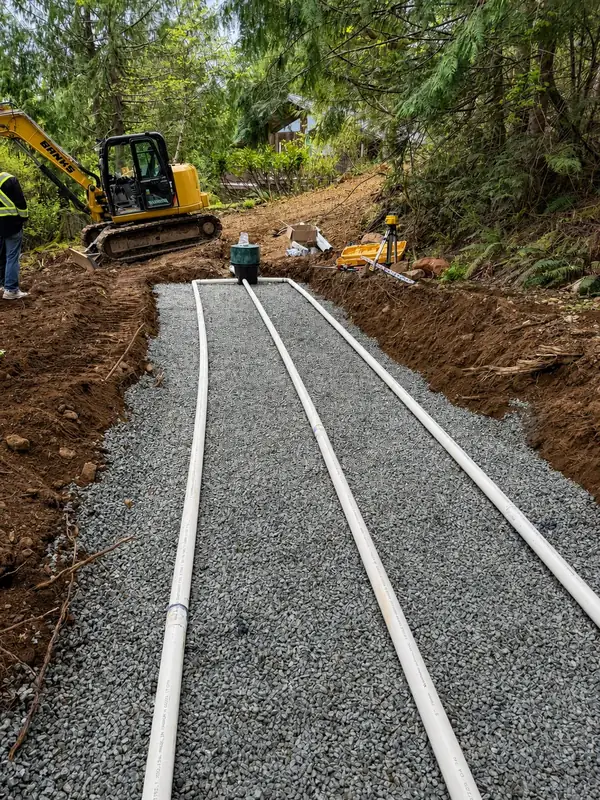 Septic dispersal field under construction during a TTIS gravity septic installation in Port Alberni