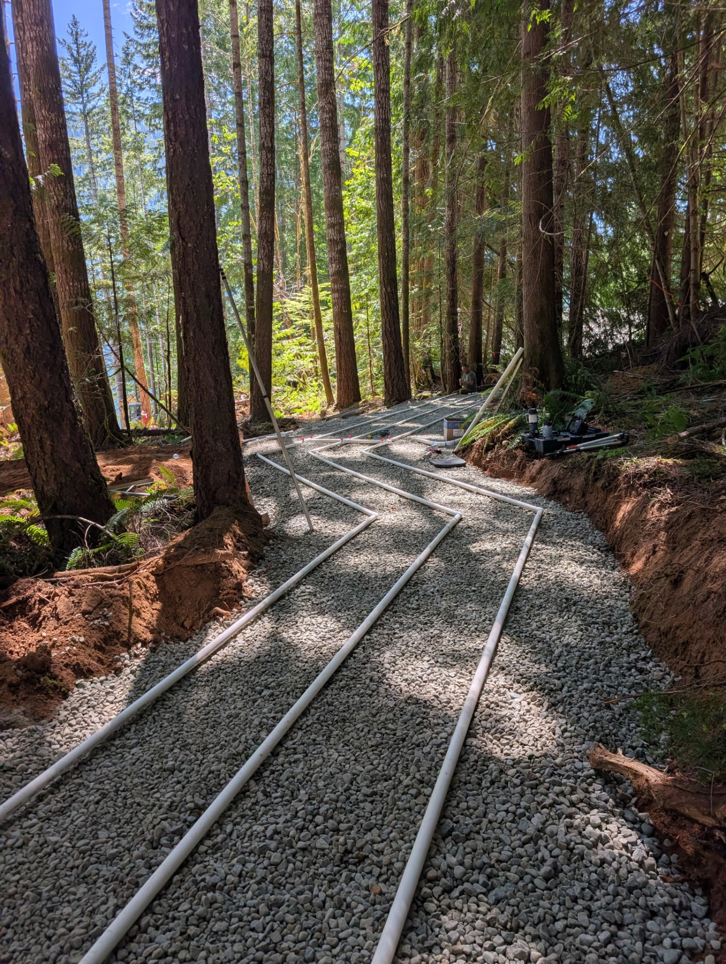 Distribution piping laid out in a gravel bed among trees